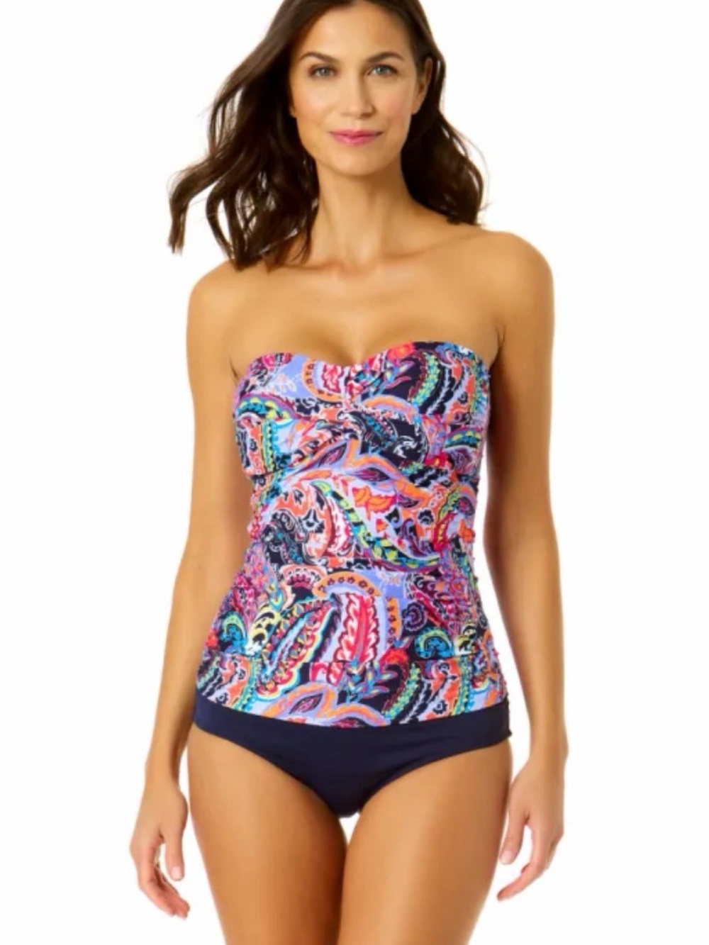 Anne Cole Paisley Swim Tankini Twist-Front Strapless Blue Multicolor Women’s XL